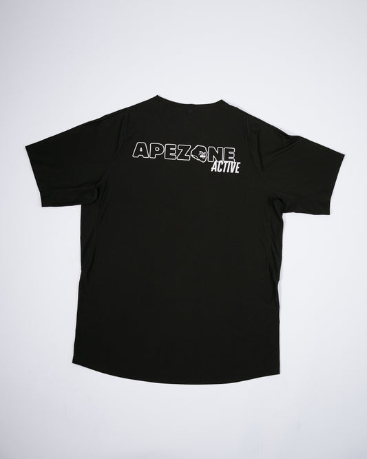 Black t-shirt with 'APEZONE ACTIVE' text on a white background