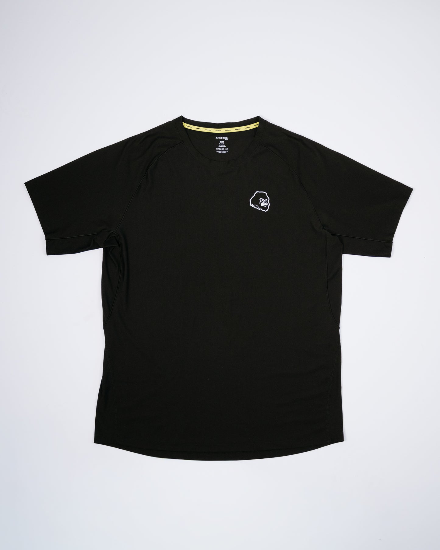 Black t-shirt with a small logo on a white background